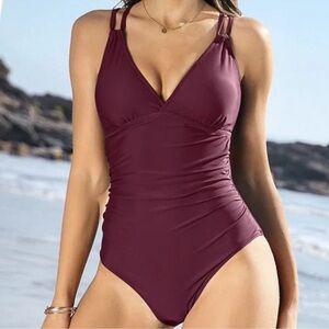 Charmo Tummy Control 1pc Swimsuit Size L Criss Cross Maroon Wine Red NWT